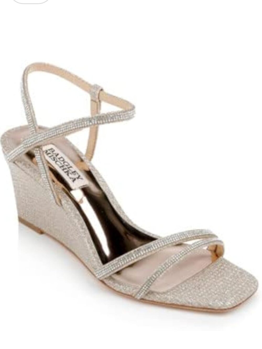 Badgley Mischka Pale Gold Rhinestone Strappy Wedges